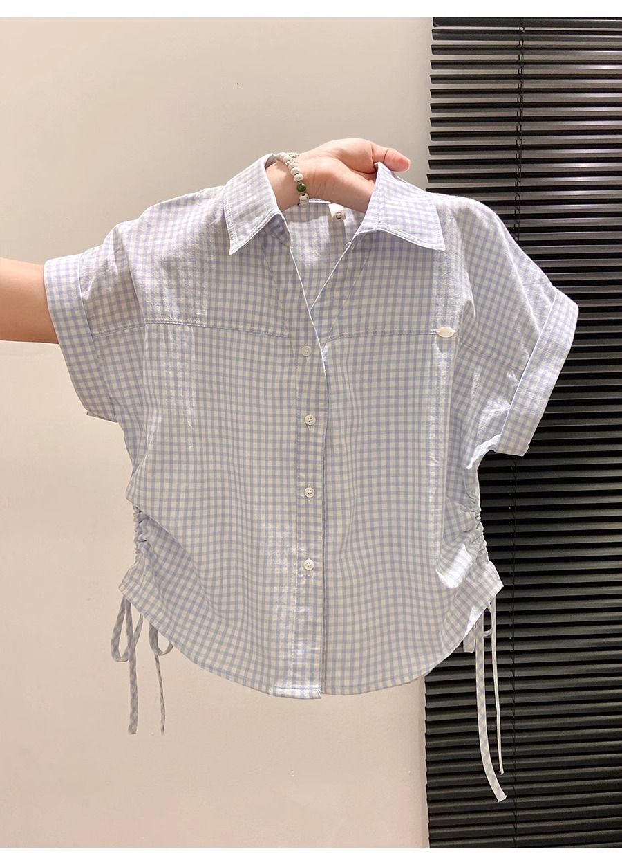 하늘색 체크무늬 POLO 칼라 셔츠 반팔 여성 새로운 폭발 허리 수축 슬림해 보이는 외국 가스 다용도 맨위