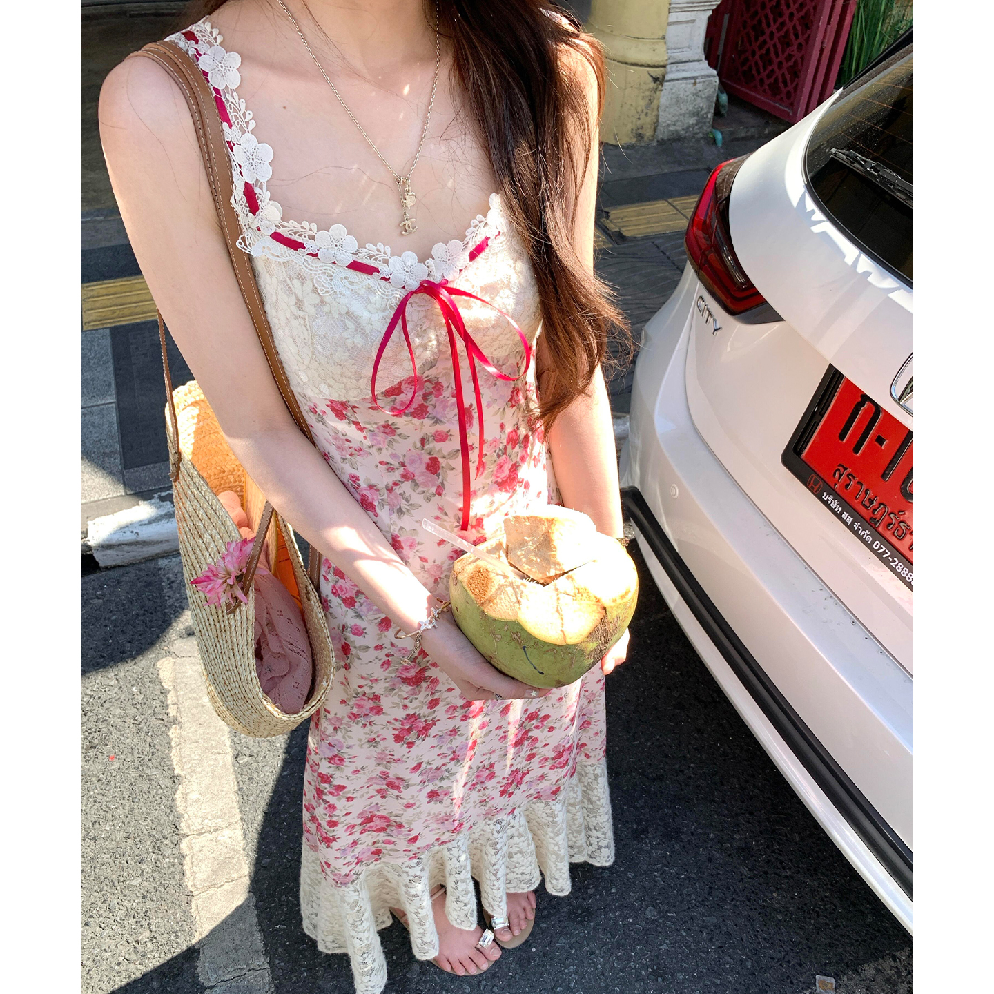 프랑스식 첫사랑 달콤함 꽃무늬 슬립 드레스 점프 슈트 치마 여름 휴가 바람 레이스 레이스업 허리 수축 한 마디 롱 스커트