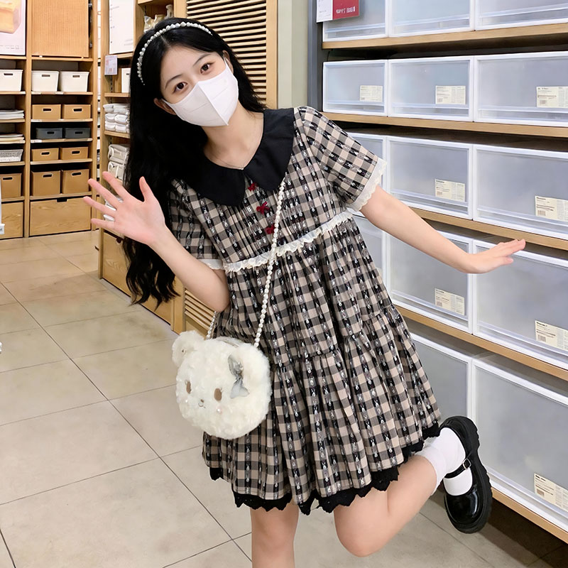 실사 귀여운 학원 작은 키 나비 매듭 인형 여성 드레스 여름 새로운 루즈핏 패치워크 레이스 레이스