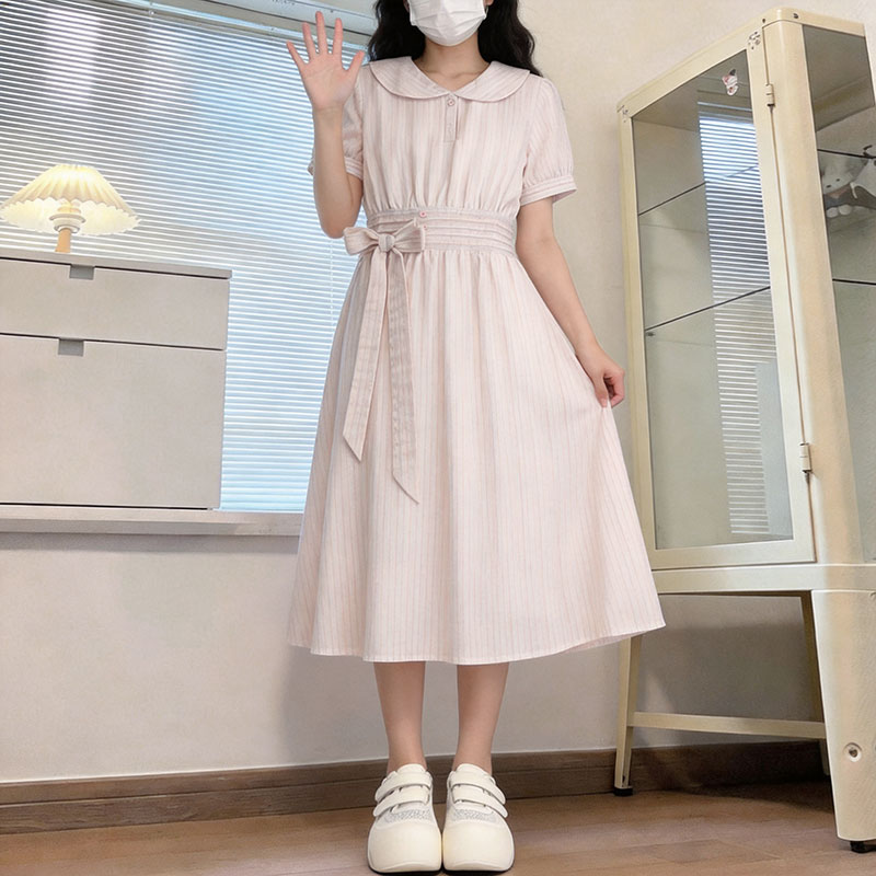 실사 2026 프랑스식 레트로 스트라이프 베이비 칼라 드레스 여름 허리 수축 슬림해 보이는 품격 부드러운 바람을 피우다 롱 스커트