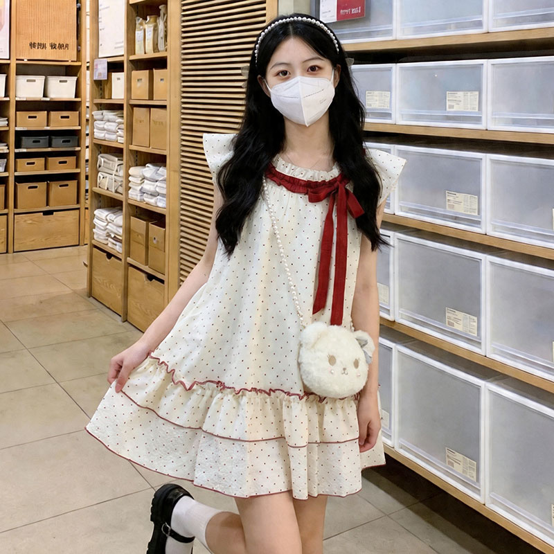 실사 2026 일본식 달콤한 자매 도트 무늬 나비 매듭 드레스 여름 루즈핏 슬림해 보이는 학원 스타일 케이크 드레스