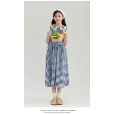批发<b class='q'>中大</b><b class='q'>女</b><b class='q'>童</b>2026新款娃娃领格子连衣裙夏款少年亲子格子洋气小飞袖无