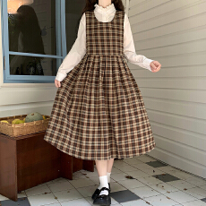 批发复古格纹背心<b class='q'>连衣裙</b>女早秋学院风叠穿白色衬衫两件套显瘦中长裙子