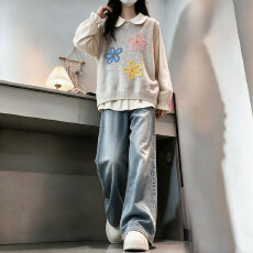 批发韩系童趣花朵刺绣毛衣马甲套装女温柔娃娃领<b class='q'>衬衫</b>小个子叠穿上衣