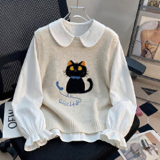 批发早秋黑猫针织马甲两件套女 娃娃领喇叭袖<b class='q'>衬衫</b>可爱猫咪背心套装
