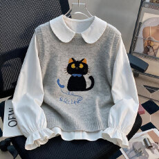 批发早秋黑猫针织马甲两件套女 娃娃领喇叭袖<b class='q'>衬衫</b>可爱猫咪背心套装