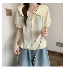 批发甜美娃娃领小衫女韩系ins小清新<b class='q'>刺绣</b>荷叶边宽松显瘦气质百搭<b class='q'>衬衫</b>