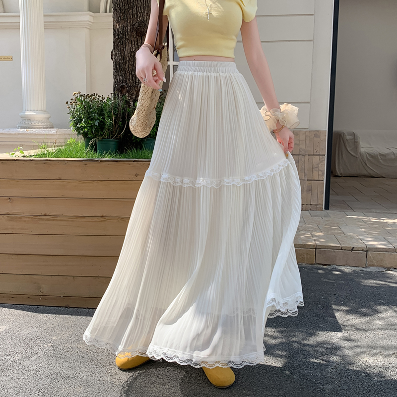MY7882# 白月光蕾丝雪纺半身裙女夏季新款气质百搭压褶显瘦A字长裙子女裝貨源服裝批發