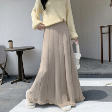 批发实拍针织百褶<b class='q'>半身裙</b>女秋冬新款小个子高腰流苏裙大摆a字伞裙长裙