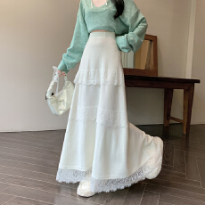 批发实拍蕾丝拼接针织半身裙秋冬季新款宽松中<b class='q'>长</b>蛋糕裙A字大摆半<b class='q'>裙子</b>