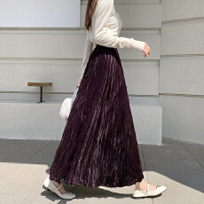 批发实拍秋冬肌理感压折大摆裙褶皱烫钻丝绒半身裙宽松A字半裙中长款