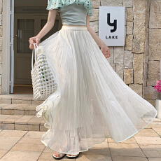 批发实拍网纱半身裙女春夏新款高腰洋气a字百褶裙中长款垂感气质纱裙