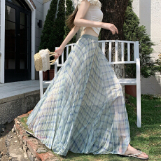 批发实拍格子网纱a字裙半身裙仙2026春夏纱裙女半身高腰长款垂感大摆
