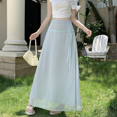 批发实拍清新温柔绿色格子蝴蝶结半身中裙女夏季法式文艺格纹<b class='q'>长裙</b>子