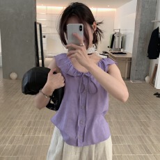 批发韩系温柔荷叶边领棉麻背心女夏季薄款显瘦<b class='q'>蝴蝶结</b>系带上衣
