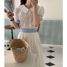 批发尺寸已更新 博主款韩系<b class='q'>娃娃</b>领泡泡袖短款衬衫+木耳边半身<b class='q'>裙</b>