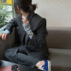 批发尺寸已更新早春韩系极简中性风翻领长袖短款外套休闲百搭西裤套装