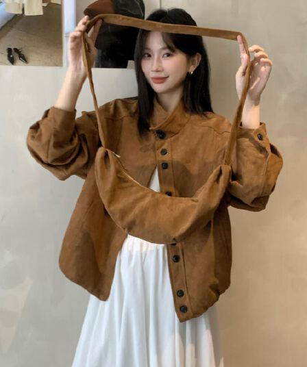 크기 있음 업데이트 프랑스식 아름다움 라드. 레트로 루즈핏 사슴 캐시미어 야구 유니폼 잘 생긴 오토바이 재킷 경기 가방