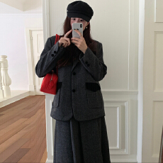 批发尺寸已更新 法式复古气质<b class='q'>丝绒</b>撞色西装领呢子外套高腰半身裙 <b class='q'>套装</b>