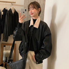 批发尺寸已更新 韩版翻领加绒加厚保暖港风时尚短款机车服PU皮<b class='q'>夹克</b>