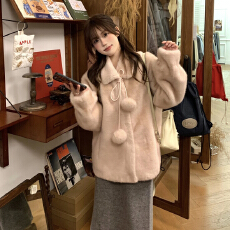 批发韩系<b class='q'>甜美</b>可爱仿水貂绒皮毛一体外套冬季短款加厚休闲毛毛绒大衣潮