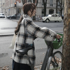 批发INS博主款 韩系气质温柔<b class='q'>秋</b>冬氛围感翻领格纹毛呢外套 保暖大衣