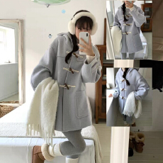 批发韩系温柔甜美冬季恋歌氛围感减龄可爱牛角扣连帽保暖毛呢外套大衣