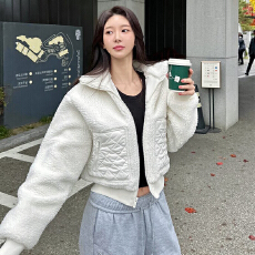 批发韩系<b class='q'>气质</b>翻领保暖短外套毛茸茸百搭通勤拉链宽松上衣