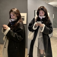 批发法式复古气质高级感皮毛一体保暖长款机车外套大衣