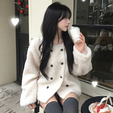 批发韩系温柔甜美气质韩女氛围感圆领双排扣宽松保暖毛呢外套大衣