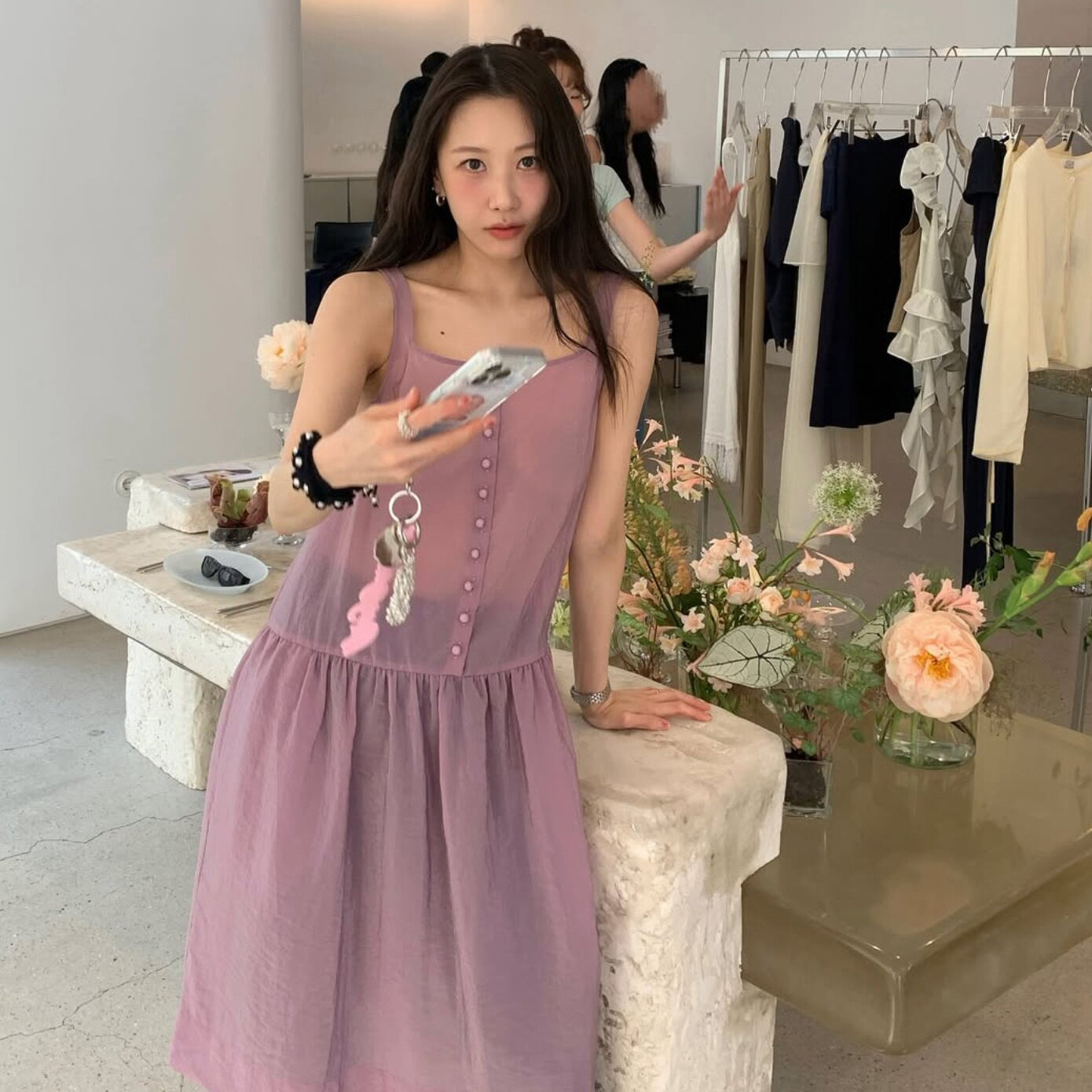 크기 있음 업데이트 ins 보 주님 섹션 보라색 싱글 줄 버튼 광장 칼라 슬립 여성 드레스 여름 루즈핏 중간 길이