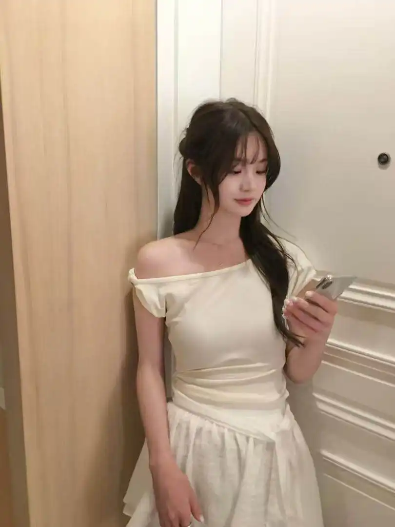 한류 발레 소녀 감성 비대칭 넥라인 매듭 티셔츠 상세 이미지 5