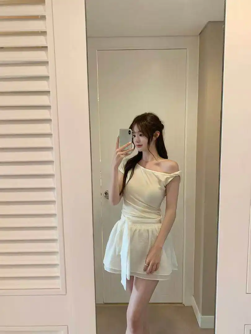 한류 발레 소녀 감성 비대칭 넥라인 매듭 티셔츠 상세 이미지 6