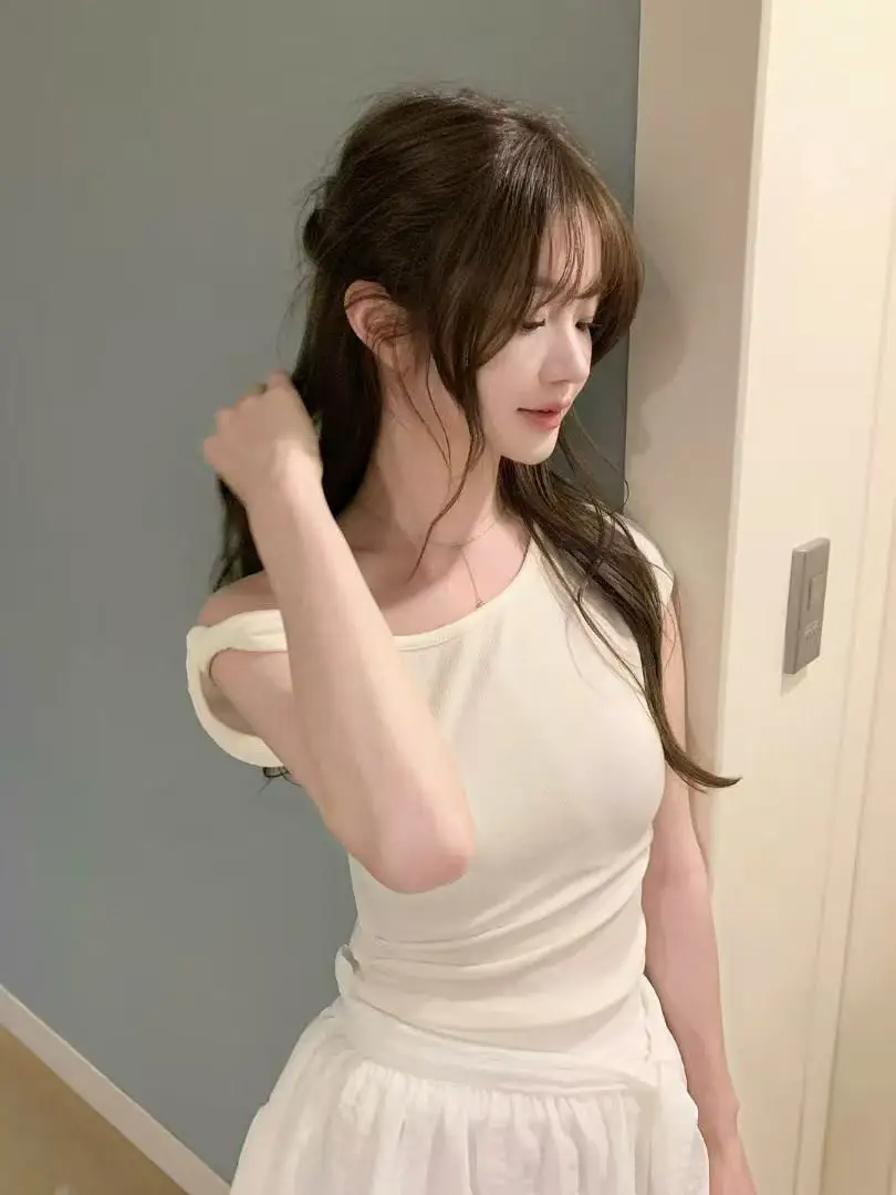 한류 발레 소녀 감성 비대칭 넥라인 매듭 티셔츠 상세 이미지 8