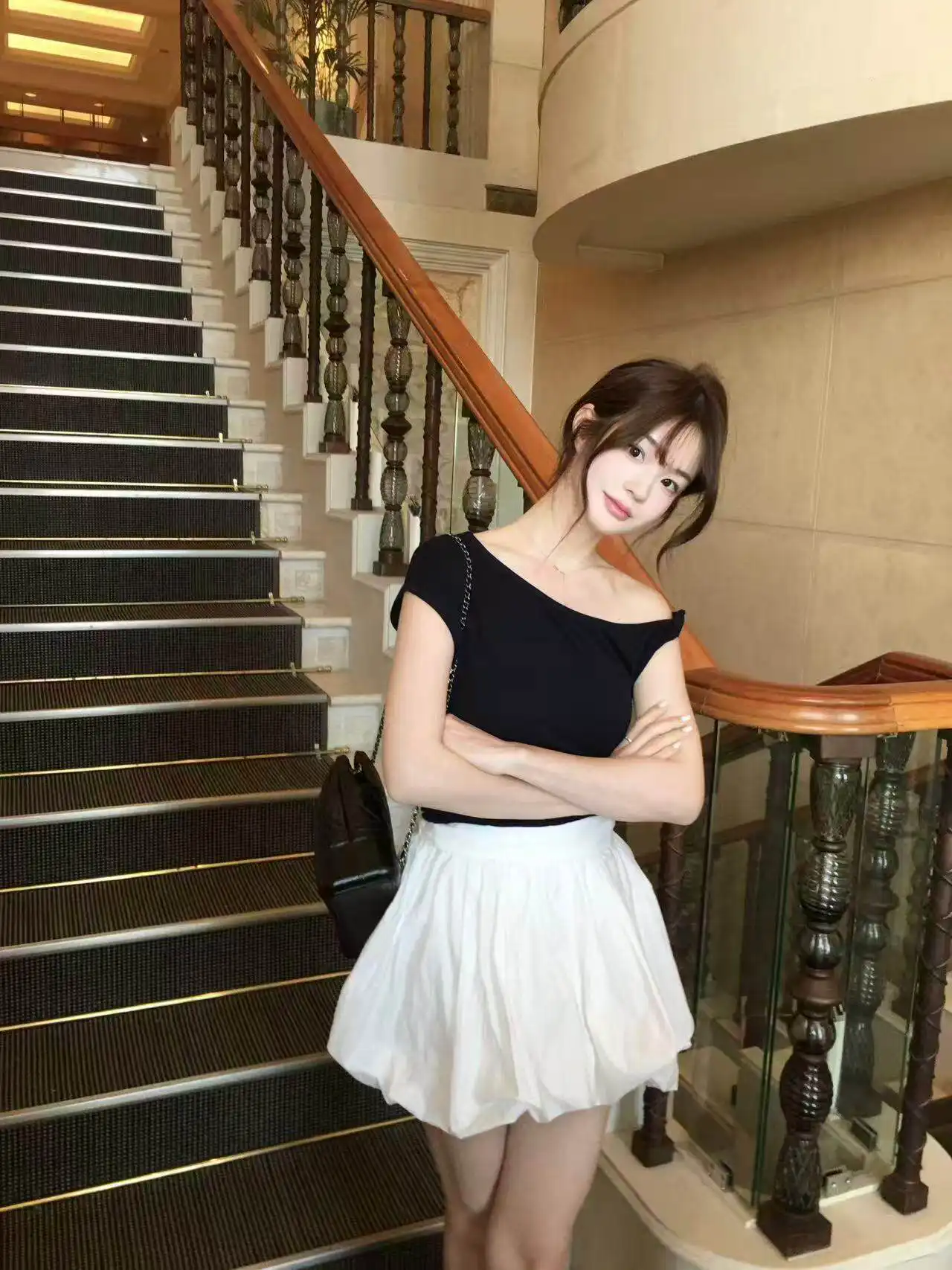 한류 발레 소녀 감성 비대칭 넥라인 매듭 티셔츠 상세 이미지 10