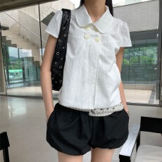 INS博主款 日系少女感四粒纽扣夏季复古娃娃领休闲短袖衬衫上衣