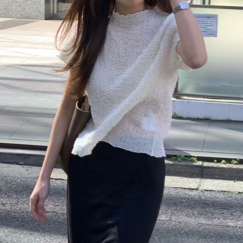 크기 있음 업데이트 한 부서 미니멀리즘 일상 다용도 익스트림 제인 작은 스탠드 칼라 느긋한 바람 주름 프릴 맨위 티셔츠