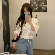 批发INS博主款 韩系小清新复古刺绣花边领单排扣<b class='q'>百搭</b>衬衫