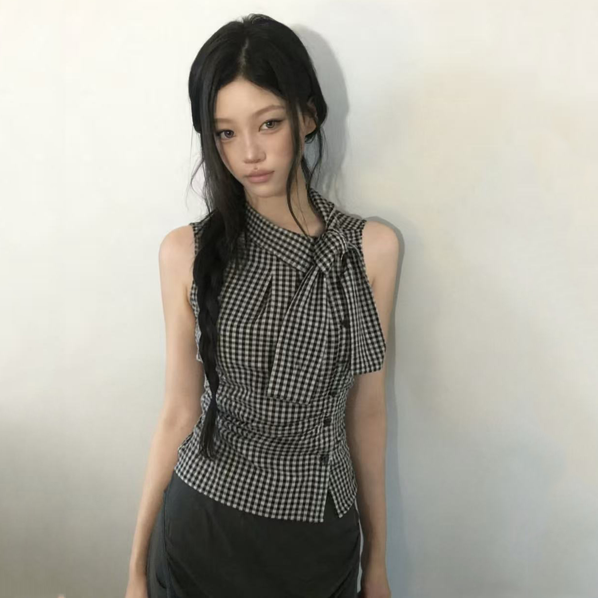 ins 보 주님 섹션 프랑스식 레트로 체크무늬 품격 다용도 민소매 맨위 쇼트 스타일 작은 셔츠