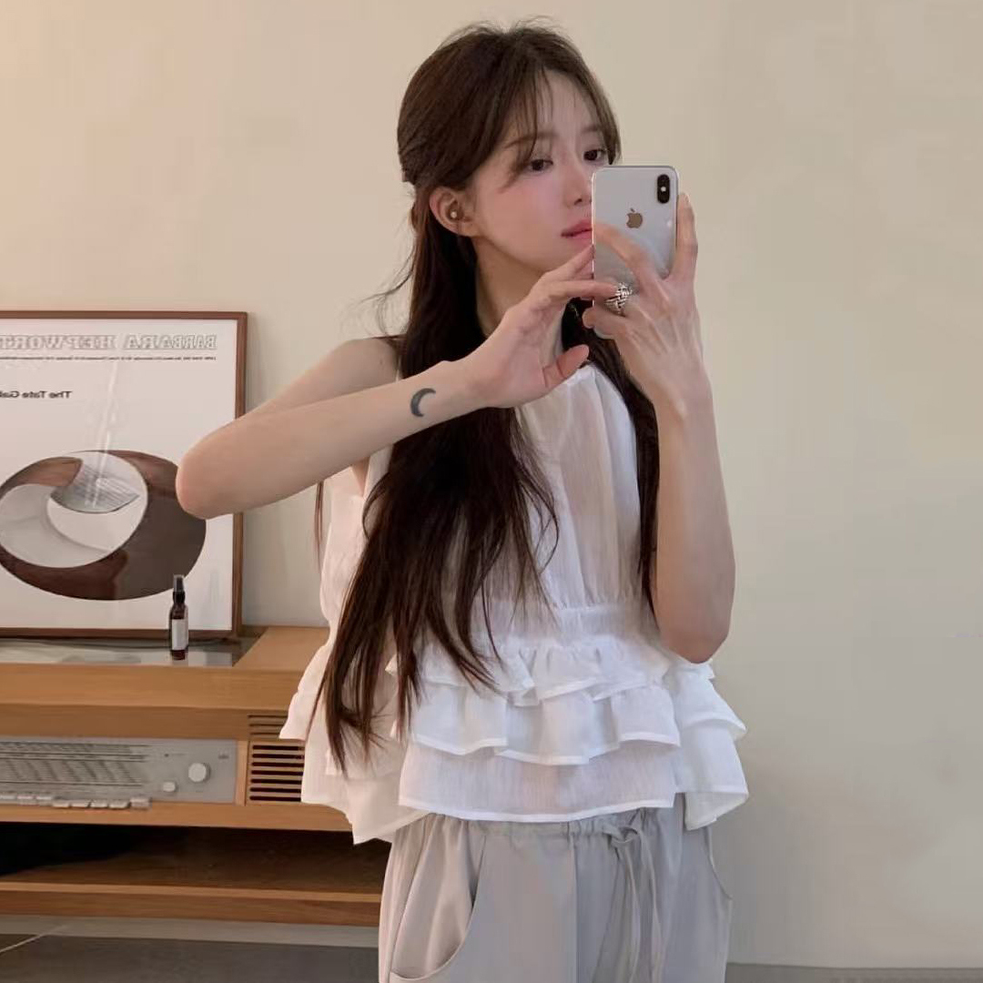 ins 보 주님 섹션 한 부서 귀여운 연령 감소 층 프릴 민소매 다용도 조끼 맨위