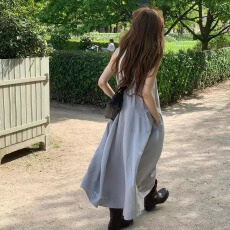 尺寸已更新  夏季新款 时尚百搭减龄纯色宽松背带连衣裙女