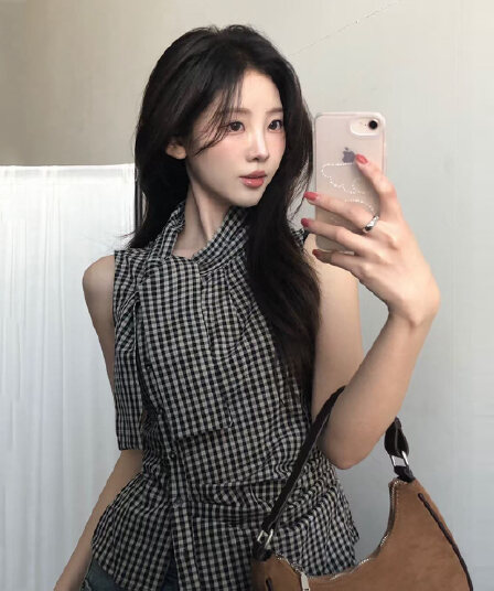 크기 있음 업데이트 ins 보 주님 섹션 프랑스식 레트로 체크무늬 품격 다용도 민소매 맨위 쇼트 스타일 작은 셔츠