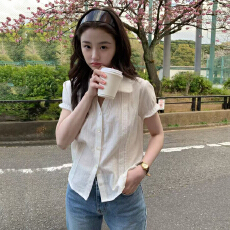 批发尺寸已更新 <b class='q'>韩国</b>B*ACK*P元  ins竖纹微收腰POLO领气质短袖衬衫