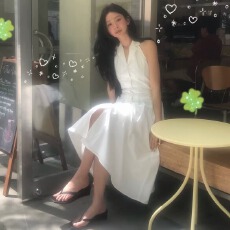 尺寸已更新 法式复古电影感小翻领优雅气质挂脖式无袖连衣裙女夏