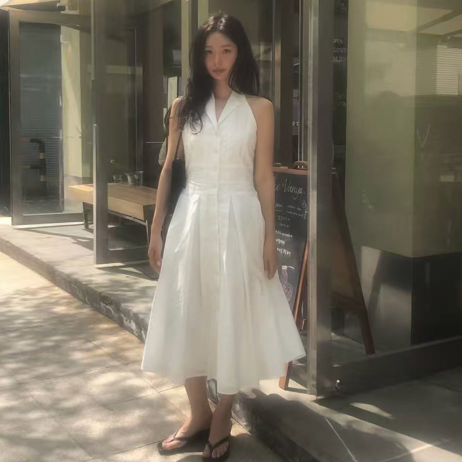 프랑스식 레트로 영화 센스 작은 폴로 칼라 우아함 품격 행침 목 스타일 민소매 슬립 여성 드레스 여름