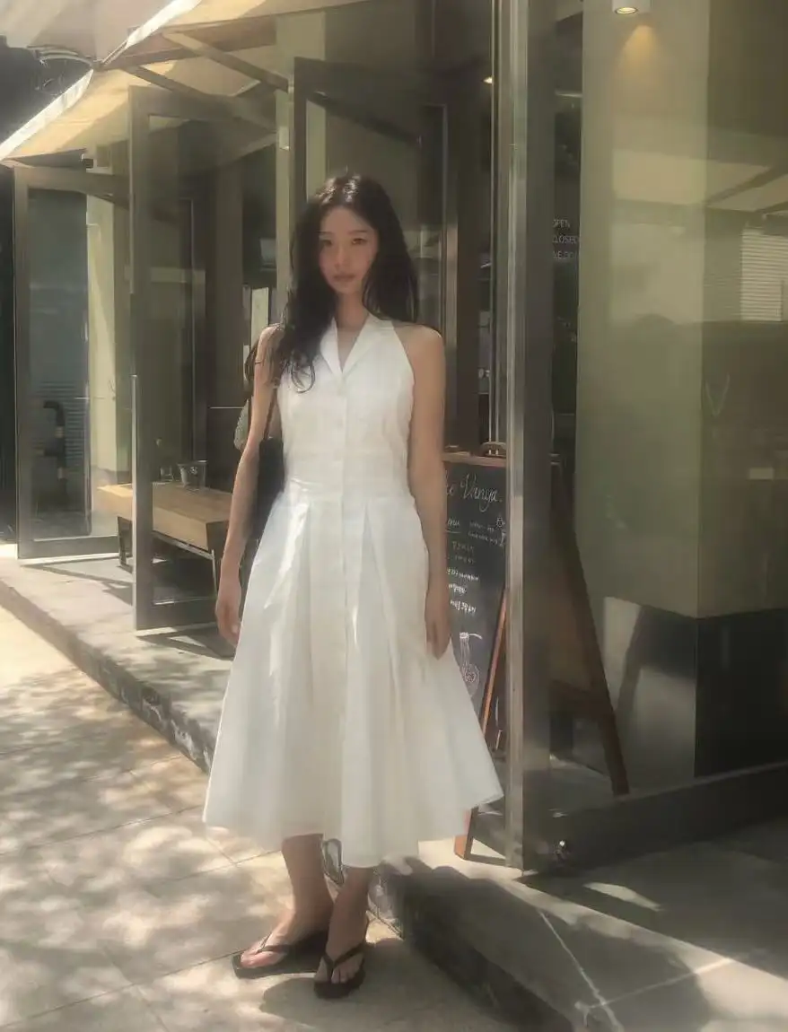 프렌치 레트로 무드 폴드 칼라 홀터넥 민소매 원피스 상세 이미지 2