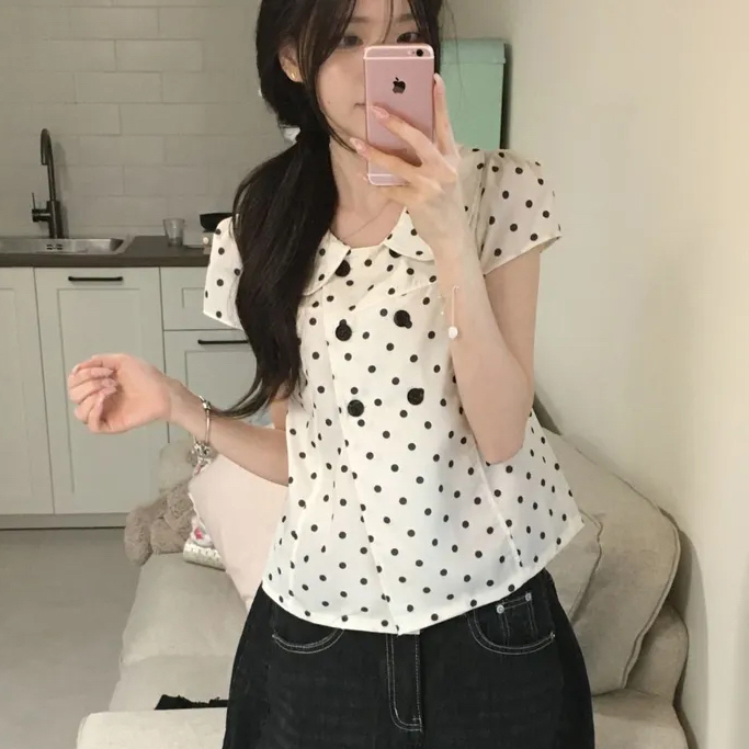 한 부서 달콤한 스타일 도트 무늬 연령 감소 베이비 칼라 반팔 셔츠 여성 의류 여름 슬림해 보이는 다용도 chic 맨위