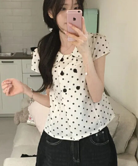 한 부서 달콤한 스타일 도트 무늬 연령 감소 베이비 칼라 반팔 셔츠 여성 의류 여름 슬림해 보이는 다용도 chic 맨위