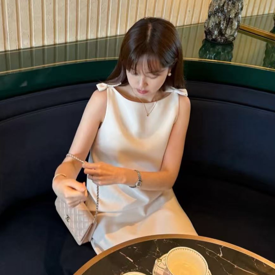 크기 있음 업데이트 한 부서 미니멀리즘 품격 나비 매듭 귀여운 연령 감소 보트넥 작은 샤넬 스타일 드레스