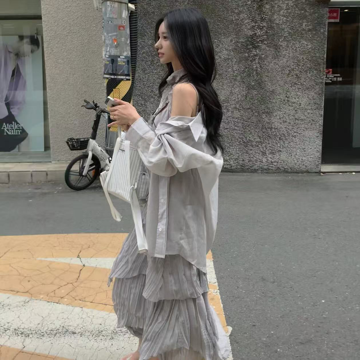 ins 보 주님 섹션 한 부서 품격 층 프릴 불규칙 우아함 품격 슬립 드레스